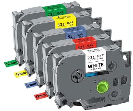 YRTJINYQ 5 Stück TZe231 TZe221 TZe211 kompatibel mit PTH110 Etikettendrucker 6 mm 9 mm 12 mm weißes Etikettenband(5PK 5Mixed Colors)