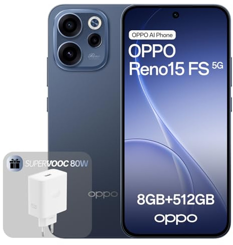 OPPO Reno15 FS 5G Smartphone Sbloccato, 8+512GB, Fotocamera Grandangolare 50MP FOV 100°, Display 6.57 120Hz, AI Portrait Glow, Batteria 6500mAh, IP69, Twilight Blue (Include Caricatore 80W SUPERVOOC)