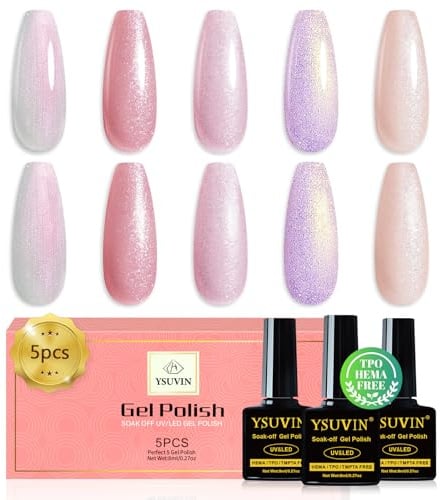 UV Nagellack, 5 Farben Shimmer Pearl Glitzer Effect Gellack Soak-Off UV | YSUVIN TPO-FREE HEMA-FREE Weiß Rosa Violett Nude Gel Nagellack, für DIY Nail Art Maniküre Salon, 8ML