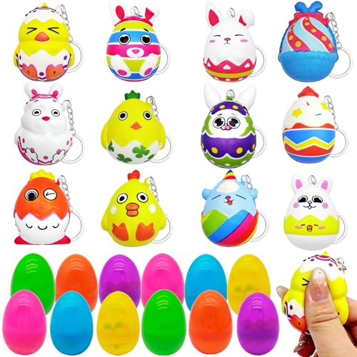 Stress Squeeze,12PCS Ostereier gefüllt mit 12 Squishy Squeezes Spielzeug | Anti-Stress-Bälle und Spielzeug, Ideal als Befüllbare Ostereier für Ostern,Lindern Stress, Machen Spaß und Auch Fein