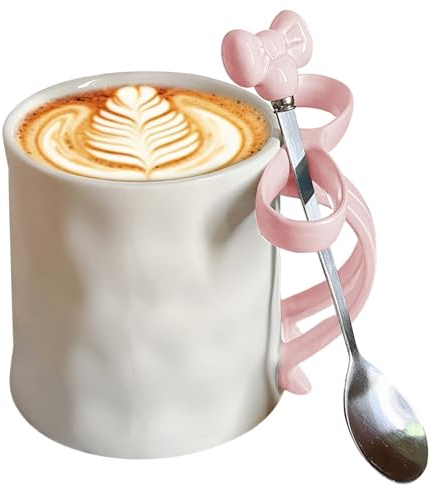Bow Mug, 350ml Ceramic Coffee Mug with Spoon & Bowknot Handle, Non Slip Aesthetic Mugs for Women, Valentine's Birthday Favor