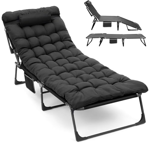 Warmiehomy Übergroße Campingbett, Sonnenliege mit Matratze & Kissen bis 200 kg, 4-fach verstellbare Rückenlehne, Klappbares Bett, Angelstuhl, Campingbett für Garten, Strand, Sonnenbaden, Büro, Schwarz