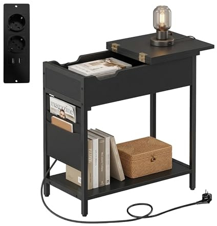 Relaxdays Beistelltisch mit Steckdosen, USB-Anschluss, schwarz | Seitentasche, HxBxT: 60 x 60 x 31,5 cm, Nachttisch