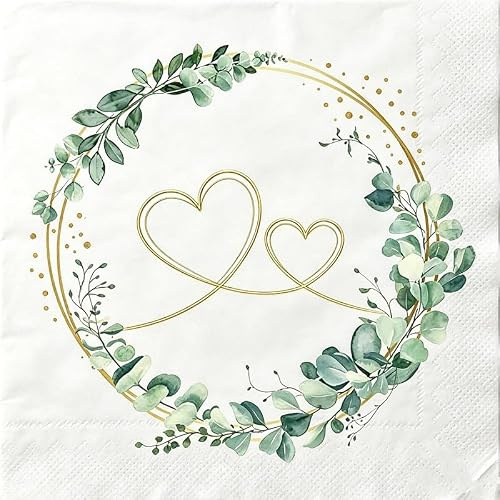 40 Stück Servietten Hochzeit, Hochzeitsservietten Gold Herzen um Eukalyptus Grün, Servietten Eukalyptus Grün,Tischdeko Hochzeit, Salbeigrün Tischdeko und Jede Feier Party 33x33cm