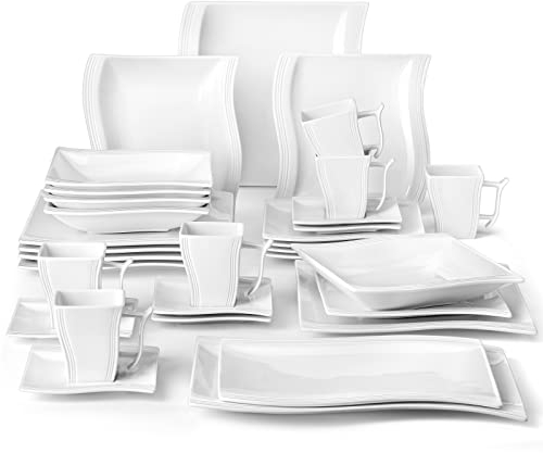 MALACASA Flora 32pcs Service de Table Porcelaine 6 Assiette Plates, 6 Assiette Creuse, 6 Assiettes à Dessert, 6 Tasse avec Soucoupes, 2 Assiettes Rectangulaires pour 6 Personnes