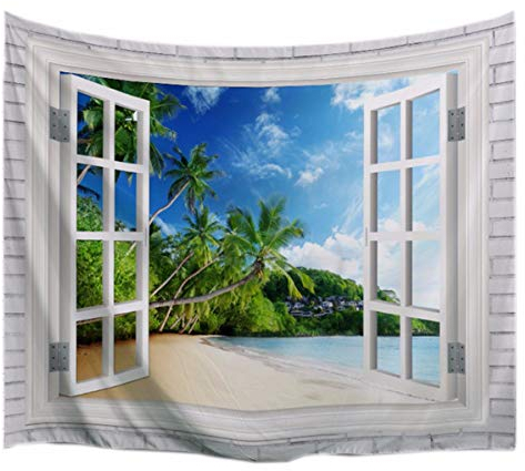 A.Monamour Wanddekor Wandteppiche Tropische Insel Palme Blau Ozean Küste Strand Landschaft Blick Von Der Weißen Hölzernen Offenen Fenster Wandteppich Wandbehänge Wohnzimmer Schlafsäle 180X200Cm