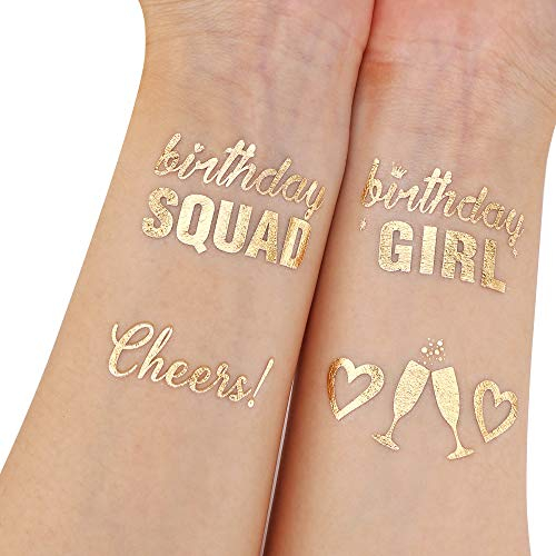 HOWAF Gold Geburtstag temporäre tattoos klebetattoos Wasserdicht Tätowierung Aufkleber für Frauen männer Mädchen Kindergeburtstag Deko, Geburtstags Mädchen, Geburtstag SQUAD, Prost