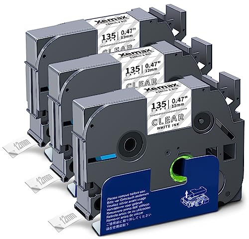 3X XemaX Compatible for Brother Label Printer Tape 12mm TZe-135 White on Transparent 12mm Label Tape for Brother P-Touch Labeller PT-E110 H100R H100C H105 H110 E550W 1010 H108