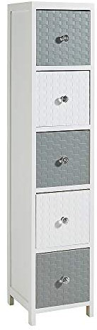 Home Source Chest of Drawers, Wooden Tallboy Storage, Bedroom Bathroom Organiser, Crystal Handles, White and Grey, 5 Drawer