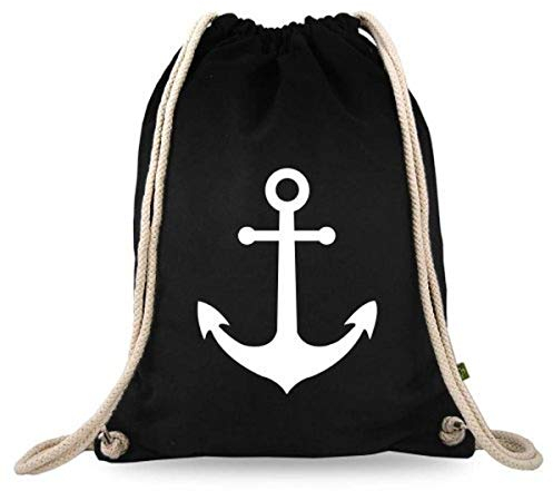 Turnbeutelliebe® Turnbeutel mit Motiv - Anker - Baumwolle schwarz - Sportbeutel - Rucksack - Stoffbeutel - Gym Bag - Tasche- ca. 12 Liter - 37 x 46 cm
