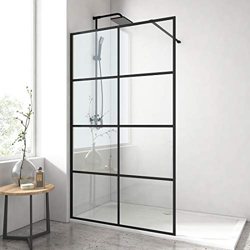 EMKE Duschwand 100x200 cm Walk In Duschabtrennung Duschtrennwand Für Badewanne 8 mm Duschwand glas NANO einfach-Reinigung Beschichtung Duschtür Schwarzer Rahmen Gitter