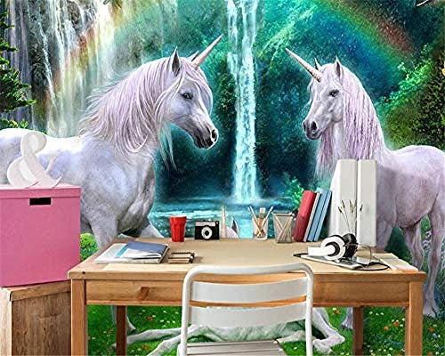 Fototapete Grüner Wald Regenbogenwiese Weißes Pferd Kinderzimmer Hintergrund 3D Wandbilder Tapete wandpapier fototapete 3d effekt tapeten Wohnzimmer Schlafzimmer-250cm×170cm