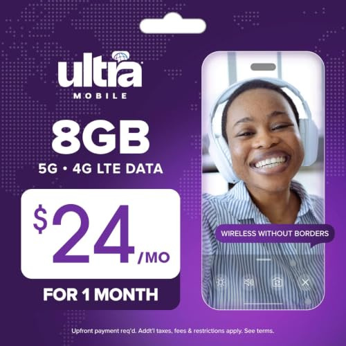 $24/mo. Ultra Mobile Prepaid Phone Plan with Unlimited Talk, Text, & 8GB of 5G • 4G LTE Data for 1 Month (3-in-1 SIM Card Kit)