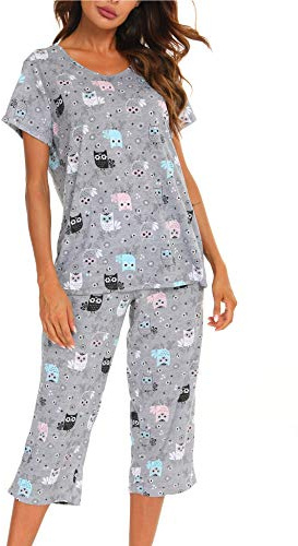 ENJOYNIGHT Womens Pyjama Sets Cotton Pjs Short Sleeve Capri Pants Nightwear | Summer Loungewear, Soft Lightweight Cotton Fabric, Stylish V-Neck, Cute Print, Loose Casual Fit