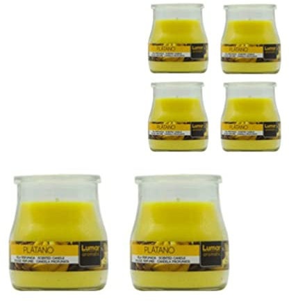 Velas aromáticas en vaso de yogurt cristal con tapa PlusHome (Platano, Pack 6)