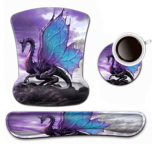 Keyboard Wrist Rest and Mouse Pad Wrist Support Set ,Purple Dragon Purple Moon Ergonomic Gel Mouse Pad ,Easy Typing Pain Relief, Memory Foam Keyboard Mousepad Set with Coasters