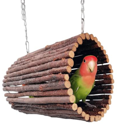 Parrot Swing Tree Caves, Birds Wooden Toys with Hanging Hammock , Birds Apple Wood Branches Tunnel, Birds Gnawing Toy Supplies for Parakeets, Cockatiels, Conures, Lovebirds, etc. (Large)