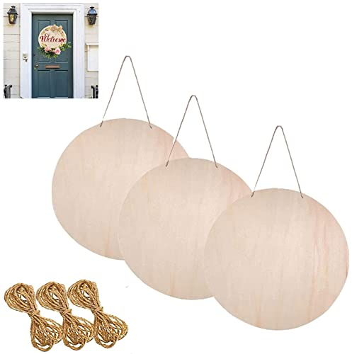 Lot de 3 panneaux vierges en bois brut à suspendre, 30 cm, décoration d'intérieur, 2 trous, bannières rondes en bois vierge à suspendre avec ficelle, rubans, feuilles artificielles