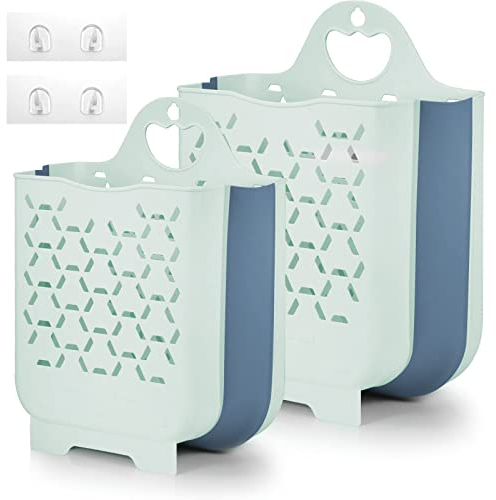 Asung Wäschekorb, zusammenklappbar, 2 Packungen, Wäschekorb, tragbarer Wäschekorb, intelligent, platzsparend, für Wäsche, Schlafsaal, belüftetes Design (blau)