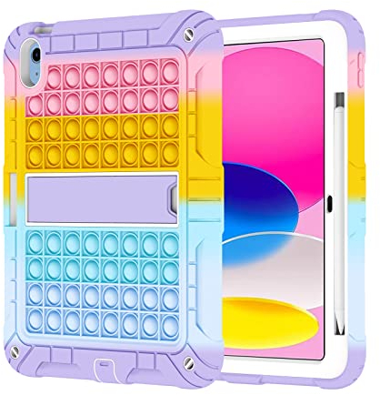 XZC for iPad (A16) 11th Generation 11 Inch 2025/ iPad 10th Generation Case 10.9 Inch 2022 Push Pop Shockproof Robust Protective Case with Pen Holder Kickstand Shoulder Strap (Rainbow 2)