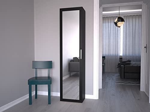 Oggi Reus Eintüriger Kleiderschrank mit Spiegel 50x180x35cm Minimalistisch Modern aus 16mm Schichtstoffplatte Modisches Design Wohnzimmer Schlafzimmer Flur Schwarz