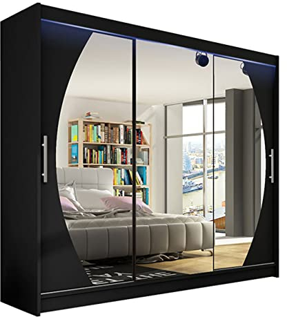 Mirjan24 Kleiderschrank Aston V mit Spiegel, Garderobe, Schlafzimmer, Schwebetürenschrank, Schiebetürenschrank, Schlafzimmerschrank (Schwarz, mit RGB LED Beleuchtung)