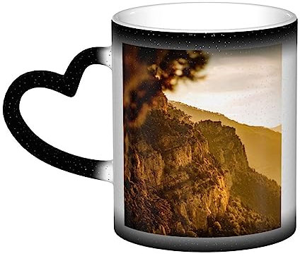 VACSAX Tasse à café en céramique à changement de chaleur, motif montagnes au coucher du soleil, tasse à thé en porcelaine sensible à la chaleur, cadeau pour homme et femme