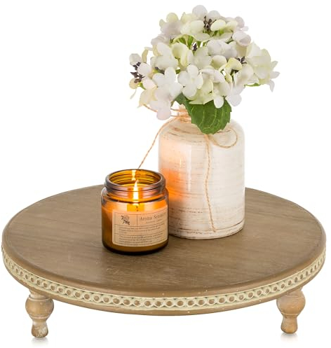 Hanobe Round Wood Display Risers: Beaded Decorative Trays for Coffee Table Wooden Riser Farmhouse Pedestal Stand for Home Decor Candle Plant Cake Decorations Kitchen Bathroom,Brown