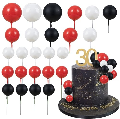 Gyufise 30Pcs Mini Balloons & Balls Cake Decorer Set - Ball Cake Toppers Picks in Red, Black & White for Wedding & Birthday Parties
