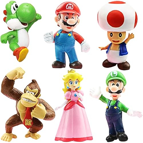 ZASHMART Super Mario Cake Topper, Mario Birthday Cake Topper Card with 6 Pcs Mario Action Figures, Birthday Cake Topping, Cake Decorations Toppers, Party Decorations toper for Fans of Mario Brothers