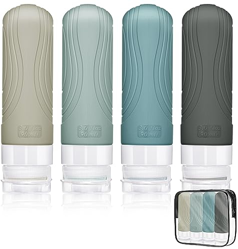 Brovamo Silikon Reiseflaschen 90ml Set, 4 Stück Auslaufsicher Reiseflaschen zum Befüllen mit Reise Organizer,Tragbar, Zusammendrückbar Abfüllflaschen Reise für Shampoo Toilettenartikel [Netural-Serie]