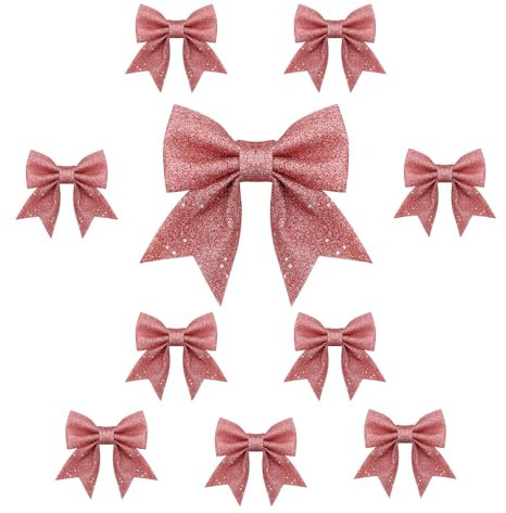 TOPWAYS 10PCS Christmas Bow Decorations, Pink Sequin Bow Ties for Christmas Tree, Xmas Ornaments for Home Party 6.7in (Pink)