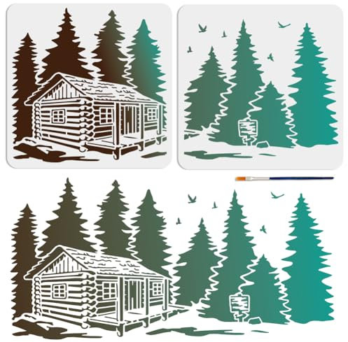 MAYJOYDIY 2 x Waldhüttenbaum-Schablonen 55,9 x 27,9 cm, Spleiß-Stil, Waldkiefer, Hütten-Schablone, Natur, Waldlandschaft, 30 x 29 cm, Zeichenschablone mit Pinsel für Kunst, Handwerk, Leinwand, Möbel
