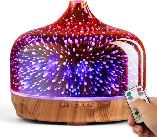 Porseme Diffuseur d'arômes 500ml en Verre avec télécommande, humidificateur à ultrasons soufflé à la Main à Effet 3D pour huiles essentielles, Silencieux pour humidificateur d'ambiance(Or Rose)