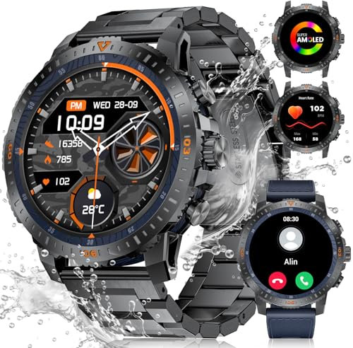 LIGE Smartwatch Uomo Militare,1.43” AMOLED/500mAh Smartwatch con Chiamata Bluetooth Cardiofrequenzimetro SpO2,IP68 Impermeabile 100+ Modalità Sportive per Android iOS