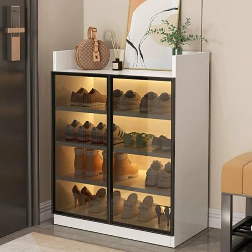 GUOQDAMI Multifunktionale Aufbewahrung Schuhschrank aus Holz, Schuhschrank mit Türen aus gehärtetem Glas, Schuhregal-Organizer mit verstellbaren Regalen, Aufbewahrungsschrank