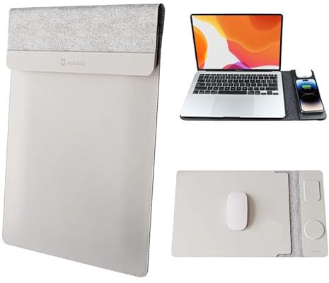 Jenoss 4 in 1 Wireless Charging Laptop Sleeve 15-16, Desktop Charging Mat for Laptop, Multipurpose Sleeve Plus Waterproof Surface, Phone and Earbuds Charging Pad, Desk Pad Grey (16 inches)