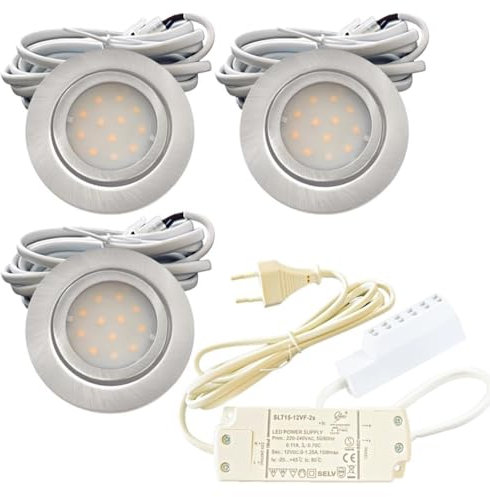 Rolux 3er Set LED Einbauleuchte Leni 12V 2W 3000K Warmweiß | Ø54-60mm Flach Edelstahl gebürstet | IP44 | inkl. Plug-and-Play Trafo & 230V Zuleitung | Für Bad, Küche, Möbel | Einheitliche Lichtfarbe
