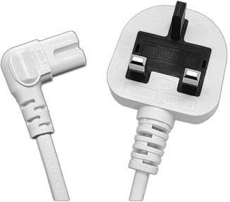 White 2M 90 Degree Angle IEC C7 Universal UK Plug Power Cable for TV, Projector, Receiver, Camera, PS4/5, Xbox Series X, smart LED TVs