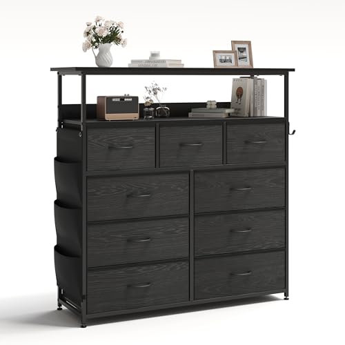 APICIZON Chest of Drawers, Chest of 9 Drawers Bedroom, Black Tall Chest of Drawers, Large Storage Drawers Unit with Two-Tier Top Shelves, for Bedrooms, Dressing Rooms, Include Both Feet Pads & Wheels