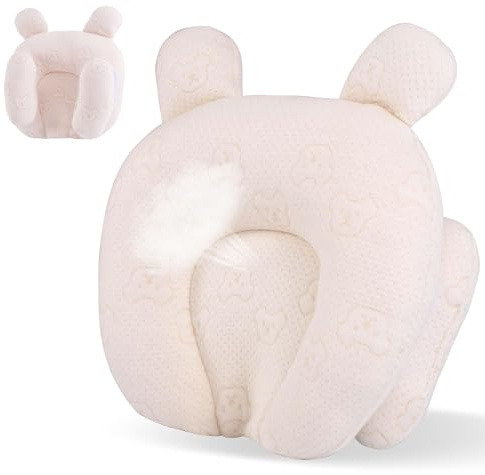 Foileon Portable Baby Pillow, Adjustable Cute Cartoon Bear Soft and Cozy Pillow, Ergonomic Design Soft Hypoallergenic Pillows for Newborn Babies Sleeping Prevent Flat Head