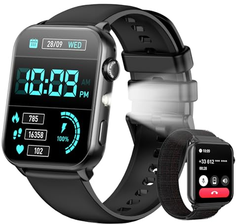 Baolubao Smartwatch Uomo Donna, Orologio Smartwatch con LED Torcia, Orologio Intelligente Fitness con Chiamate Bluetooth, Notifiche, Contapassi, Sonno, 2 Cinturini, Smart Watch per Android iOS