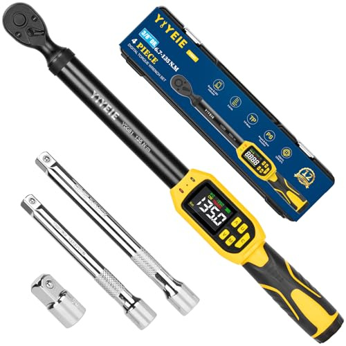 YIYEIE Digital Torque Wrench 3/8 Drive | 5-99.5 ft-lb | ±1% Accuracy | Smart Alert Multi | Electric Torque Wrench Digital for Bike/Moto/Auto, 2 Extension Bars Reach Tight Spaces