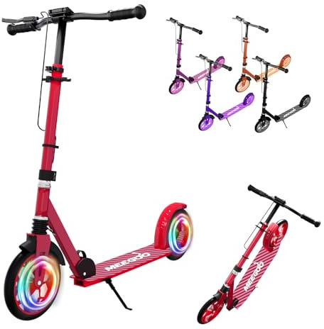 MEE GOO Faltbarer Roller für Kinder und Erwachsene, höhenverstellbarem Lenker,Doppelbremsen, 8 Rädern, rutschfestem Deck, bis 100kg (220lbs) (Rot)