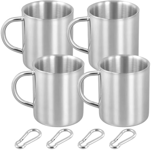 CHUENKUK 4 Stück Camping Tasse, 300ml Silber Edelstahl Becher mit Henkel, 7,5 x 9cm Camping Becher mit Karabiner für Outdoor