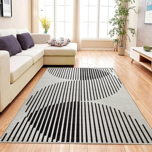 Aspire Homeware Rugs for Living room Bedroom Entryway Doormat 60x110 cm – Easy to Clean Soft Bedside Rug – Anti-Slip Backing Short Pile Black and White Rugs (Jett)