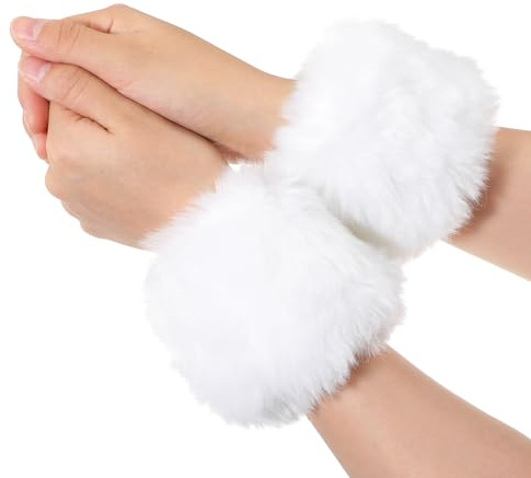 Teaaha White Faux Fur Cuffs Kawai Short Furry Arm Warmers, Soft Girl Y2k Aesthetic Winter Fuzzy Hand Bracelet Wrist Cuff Warmer Costume Accessory for Women Girls Favors