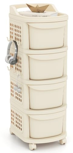 COSTWAY Nischenschrank schmal auf Rollen, Nischenregal 30cm breit, Nischenwagen mit 4 Schubladen, Pegboard, Griff & 6 Haken, Badrollwagen platzsparend, Rollwagen für Badezimmer, Küche, Weiß