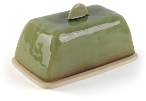 MHwan Beurrier Ceramique, Style Rétro, Compatible avec Toutes les Plaques de Beurre Standard (250 g), Passe au Lave-Vaisselle, Préserve l'Arôme du Beurre, du Fromage et des Produits Laitiers (Vert)
