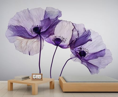 Papier Peint Coquelicot Violet Floral Papier Peint Art Floral Vintage Coquelicot Panoramique Fresque Murale Fleur 3D Transparente pour Salon Chambre Fond TV Décoration 390 X 260 cm